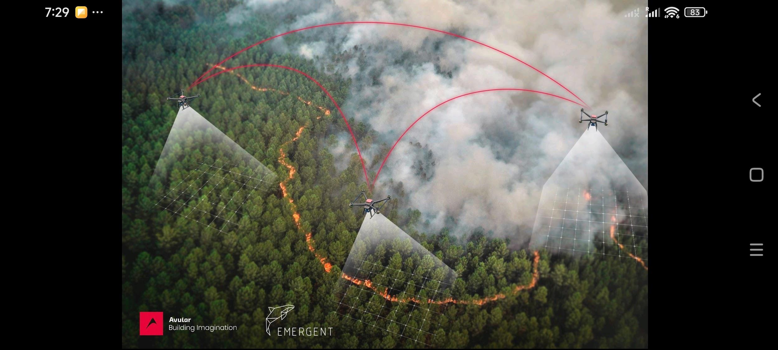Three autonomous drones routing over terrain, Emergent Swarm Solutions