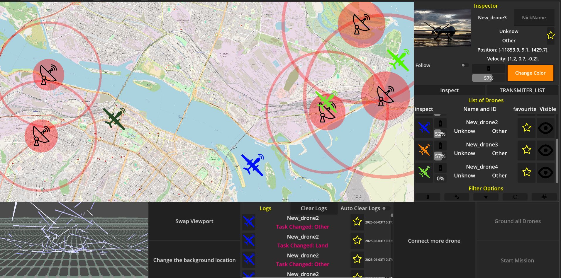 Drone swarm ground station UI, live map with 4 drones and radar coverage